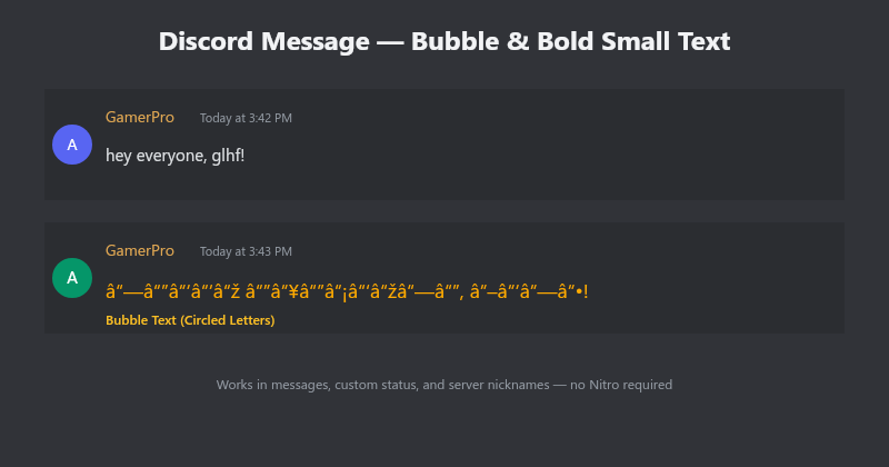 Discord message comparison showing bubble text and bold styled small text